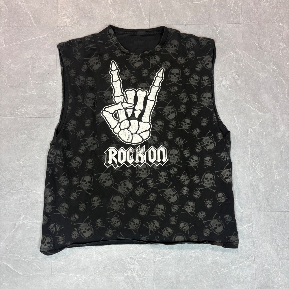 Mens Rock‎ On Skeleton Hand Skull All Over Print Sleeveless Muscle Tee Black L